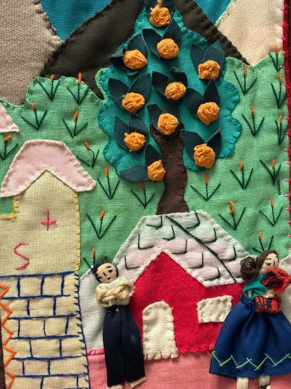 Vintage Peruvian Arpillera 3D Embroidered Folk Art Wall Hanging Signed